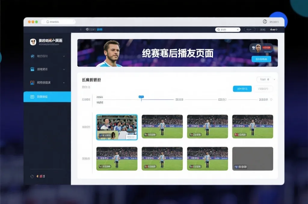 比赛结束后，电视屏幕展示集锦回放页面，旁边有时间轴和多角度切换提示